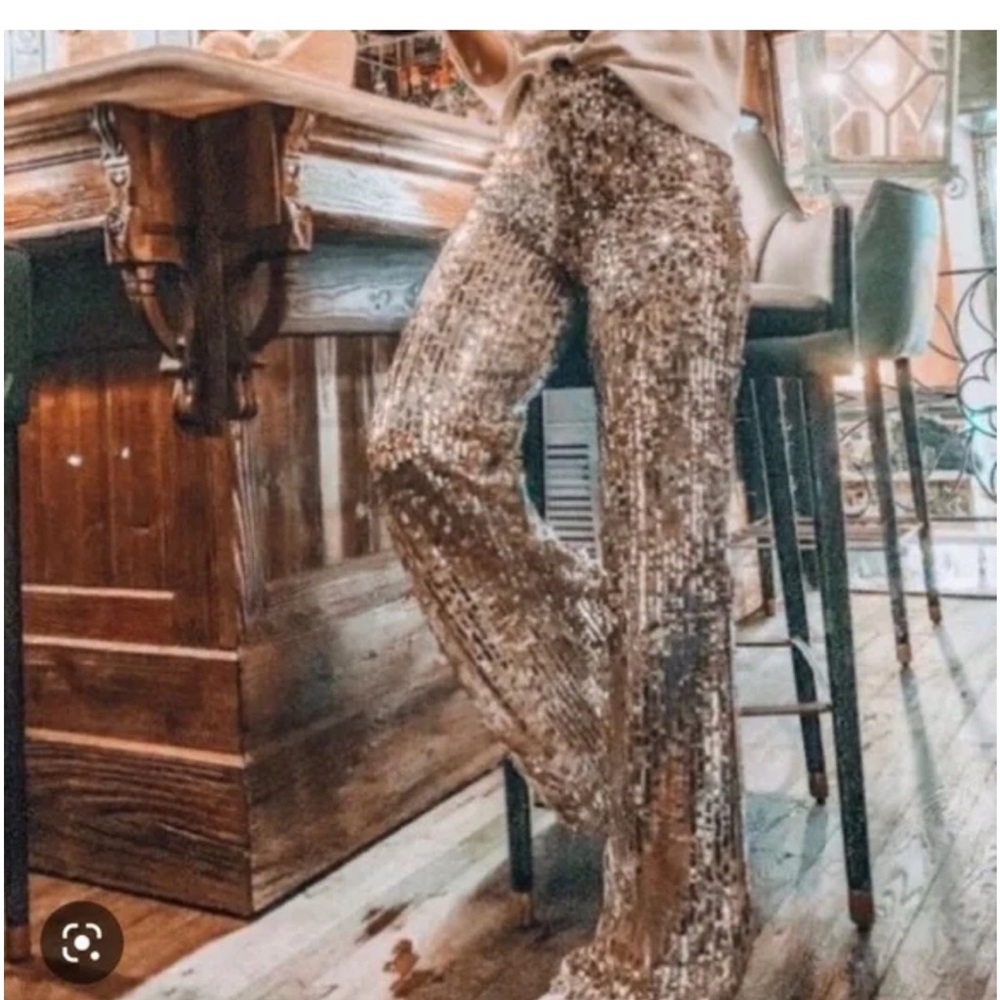 BLOGGERS FAVORITE NWT Zara Mesh Shimmering Gold Wide Leg Pants - Picture 5 of 7